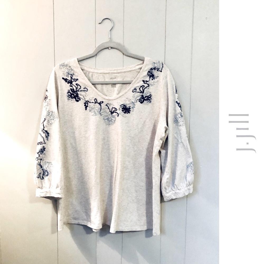 J. Jill Cream Top with Blue Floral Embroidery